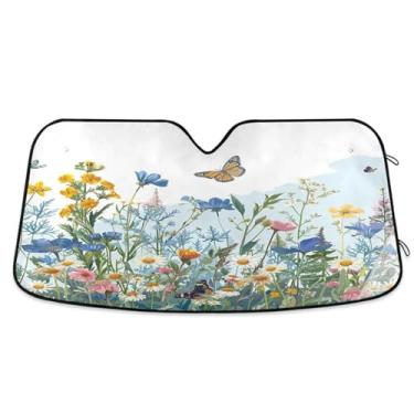 Imagem de ATTX Flores silvestres com borboletas pára-brisa de carro 139.7 cm x 70.1 cm Protetor solar universal com proteção UV, persiana de janela frontal automática dobrável para caminhões Sedans SUVs #328