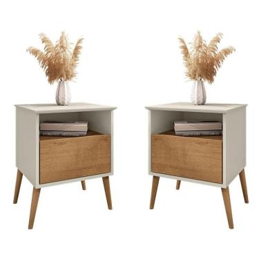 Imagem de Kit 2 Mesa De Cabeceira Cancun 1 Gaveta Pés Madeira Maciça Off White-naturale
