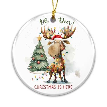 Imagem de Ornamento de veado 2025 – Alce engraçado emaranhado em luzes – Decoração de árvore de Natal com animais fofos – Ornamento rústico de férias da floresta para cabana, crianças, família – Presente de