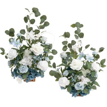 Imagem de Ling's moment Arranjos de flores artificiais de 44,5 cm de altura, 2 peças, decorações de cadeira de corredor de casamento, azul empoeirado e branco, centros de mesa para cerimônia, recepção, rosa