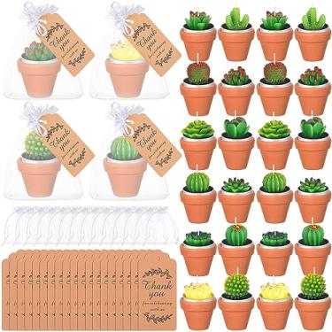 Imagem de 24 conjuntos de velas de cacto suculentas, mini velas Tealight com mini suportes de argila de terracota, cartões de agradecimento e sacos de organza para presentes de chá de bebê de noiva, casamento, dia dos namorados, decorações de aniversário