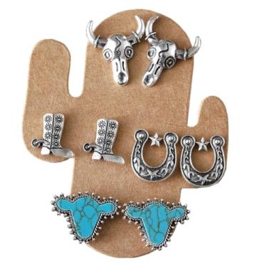 Imagem de Conjunto de brincos de caubói turquesa ocidental para mulheres, cowgirl country cowgirl, chapéu de bota pendurado, joia de declaração ocidental, Zinco, Sem Pedra Preciosa