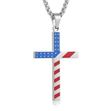 Imagem de HZMAN Colar de cruz com bandeira americana, coleção patriótica, pingente de esmalte de aço inoxidável com corrente de 56 cm em ouro, prata, preto, presente para ele ou ela, Aço inoxidável, Sem Pedra