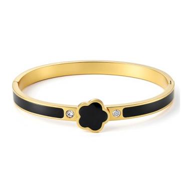 Imagem de Fullrainbow Pulseira inteligente NFC elegante para mulheres, pulseira banhada a ouro com design de flor esmaltada preta e detalhes de cristal, middle, Aço inoxidável, Sem Pedra Preciosa