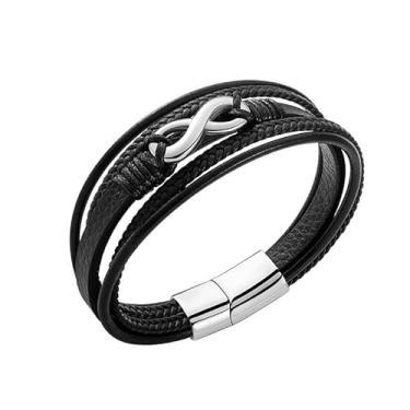 Imagem de Generic Moda Multi Camadas PU Pulseira de Aço Inoxidável Fivela Magnética Presente Ideal para Mulheres PU Pulseiras Preta (Cor Aço)