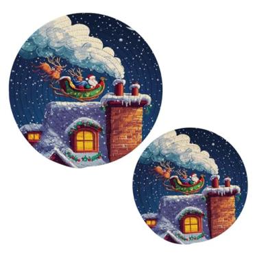 Imagem de Wassud Conjunto de trivet voador de Papai Noel para pratos quentes, suportes redondos de algodão, almofadas quentes, porta-copos elegantes, decoração de cozinha e acessórios, 2 peças