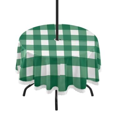 Imagem de CEBUGI Toalha de mesa redonda para uso externo verde xadrez impermeável com furo Umberlla toalha de mesa lavável para pátio, cozinha, sala de jantar 152 cm