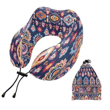 Imagem de CEBUGI Travesseiros de viagem portáteis em forma de U, travesseiro de pescoço de espuma viscoelástica com trava de corda ajustável para avião, viagem, trem, negócios, escritório, soneca (Boho floral)