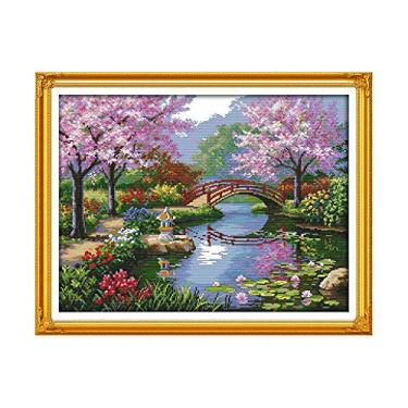 Imagem de Conjunto de Costura à Pontada Contada Artesanal DIY Kit Bordado 14CT Belo Cenário Padrão Parque Elemento Chinês Tecido Algodão Natural Fios Macios e B