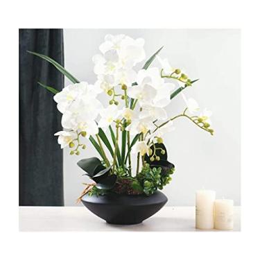 Imagem de LMJYU Flores artificiais orquídeas falsas com vaso de flores pretas - centros de mesa de hotel Phalaenopsis artificiais arranjos de flores orquídeas falsas decoração de flores