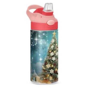 Imagem de YETTASBIN Garrafa de água de árvore de Natal para crianças, 340 g, à prova de vazamento, parede dupla, isolada, copo de viagem com tampa de canudo para meninas, meninos e crianças