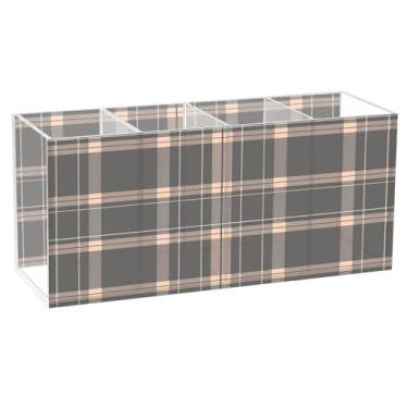 Imagem de Qilmy Porta-canetas de acrílico xadrez buffalo, preto, marrom, 3 compartimentos, porta-lápis transparente para mesa, organizador de pincéis de maquiagem, copo organizador de lápis para material