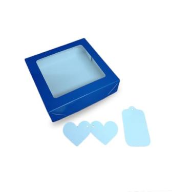 Imagem de Caixa de Presente, Cosmético ou Artesanatos com Visor + Tags | 15x15x4cm | Estampa Natal, Flores, Coração(Azul,10)