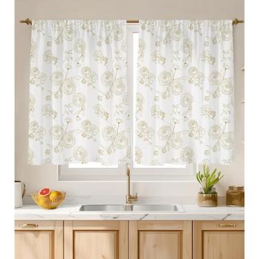 Imagem de Stanoha Cortinas de cozinha (2 peças) sobre a pia para janela do banheiro, café, cortinas para cocina, quinta, curta, mini cortina branca e dourada rosa flor elegante rústica moderna fofa - 66 × 91 cm