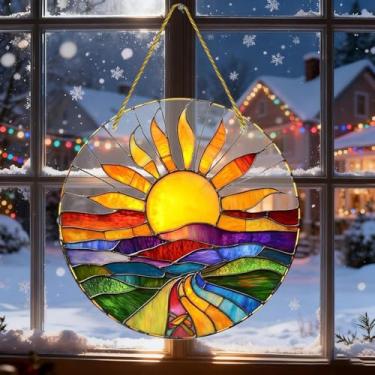Imagem de Disco redondo para pendurar na parede janela de acrílico apanhador de sol, ornamento colorido decorativo sala de estar quarto jardim varanda, 20 x 20 cm, nascer do sol