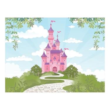 Imagem de Fun Express Pano de fundo de poliéster para festa de princesa castelo rosa de 2,8 m x 1,8 m