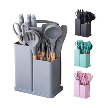 Imagem de Kit Utensílios de Cozinha com Cabo de Madeira, Silicone Livre de BPA, 19 Peças, Inclui Facas, Tábua de Corte e Porta Utensílios