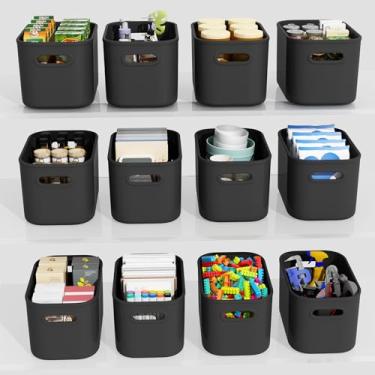 Imagem de Pacote com 12 caixas de armazenamento pretas para prateleiras, recipientes de armazenamento de plástico para organização, caixas de armazenamento empilháveis com alça, caixas de armazenamento pretas