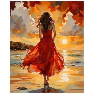 Imagem de Kit de pintura de figuras por números para adultos - DIY mulher vestido vermelho ao pôr do sol pintura em tela, conjunto de tinta acrílica, adequado para iniciantes, arte para decoração de casa ou