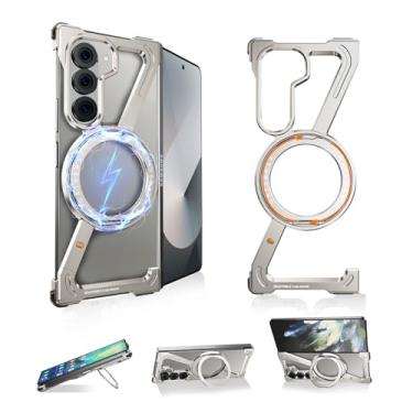 Imagem de NIFBANG Capa em forma de Z sem moldura para Samsung Galaxy Z Fold 5 com suporte, suporte de anel magnético giratório de 360°, moldura minimalista menos à prova de choque, capa protetora para Z Fold 5