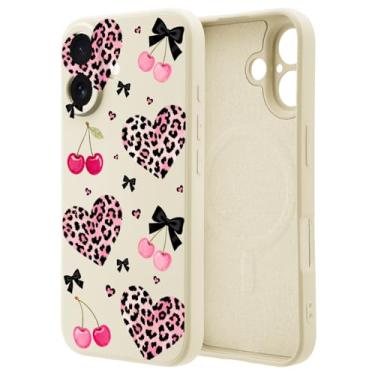 Imagem de OFQKOAKS Capa para iPhone 16 Pro Max compatível com MagSafe, capa de telefone magnética feminina romântica com coração de leopardo cereja e silicone líquido branco macio para mulheres e meninas