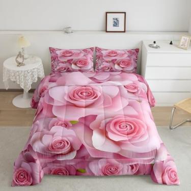 Imagem de Feelyou Conjunto de edredom para crianças, rosa, floral, floral, rosa, respirável, romântico, para meninos e meninas, adolescentes