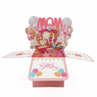 Imagem de Cartão de aniversário pop-up 3D para mãe, cartão de felicitações feito à mão com envelope, design de caixa decorativa rosa com balões e estrelas