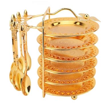 Imagem de Conjunto de colher e prato siwoted com rack de armazenamento, 6 bandejas e 6 colheres, kit de utensílio de metal estilo europeu para bifes, frutas, lanches, bolos (Tipo 1)
