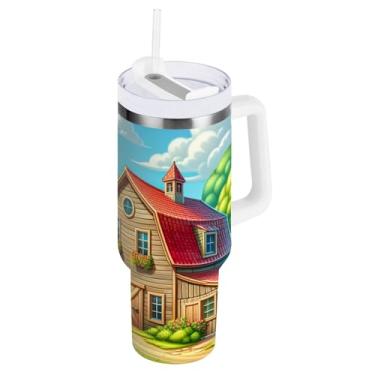 Imagem de Copos isolados de aço inoxidável da Cartoon Farm com tampa e canudo, copos de 850 g / 0,89 L