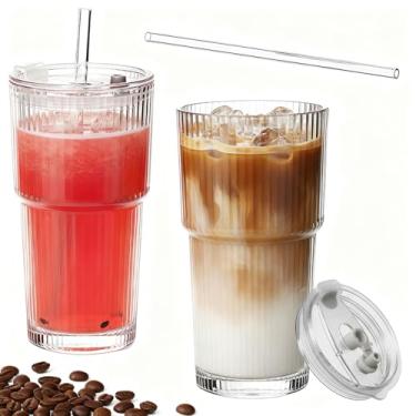 Imagem de Conjunto de 2 copos de vidro com nervuras de 590 ml, copos de vidro com tampas e canudos, à prova de derramamento e à prova de vazamento, são perfeitos para várias bebidas como coquetéis, café e sucos