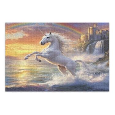 Imagem de Quebra-cabeças Unicórnio Ondas Pôr do Sol Fantasia para Adultos com Letras nas Costas Puzzles 500 Peças para Adultos