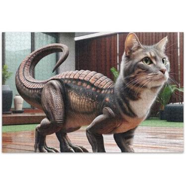 Imagem de Quebra-cabeças engraçados de gato de dinossauro para adultos, 500 peças, presentes de jogos para a família, quebra-cabeças coloridos, pintura artística, 51 x 35 cm