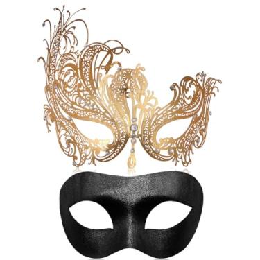 Imagem de MYMENU Máscara de baile de máscaras para mulheres homens máscara de metal cortada a laser máscara veneziana para festa bola (conjunto de fênix dourada)