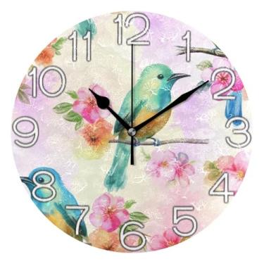 Imagem de GAIGEO Relógio de parede decorativo analógico redondo sem tique-taque silencioso para sala de aula, relógio de escritório, decoração de parede vintage, sala de estar, pássaros, flores coloridas, 25 cm