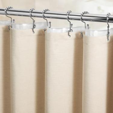 Imagem de BTTN Conjunto de cortina de chuveiro 3 em 1, cortina de chuveiro de tecido texturizado de linho creme e conjunto de forro transparente com gancho de plástico, cortina de chuveiro impermeável pesada de