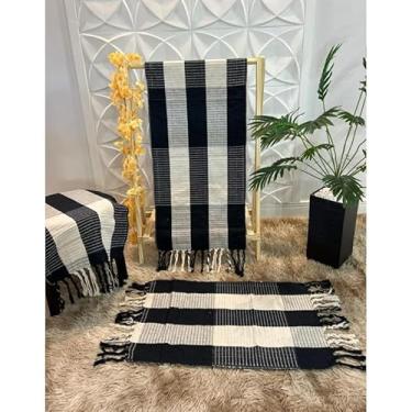 Imagem de Kit Passadeira de Cozinha 3 Peças Geométrica – Jogo de Tapetes em Tecido Grosso Algodão para Cozinha Sala e Quarto (Preto c/branco)