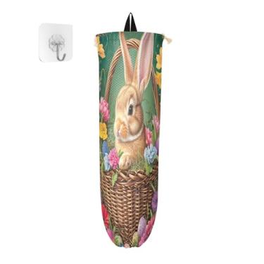 Imagem de Coelhinho da Páscoa em cesta com flores, pacote com 2 porta-sacolas de supermercado, protetor de saco para sacolas de plástico de supermercado, suporte de parede