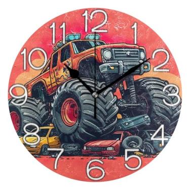 Imagem de GAIGEO Relógio de parede analógico decorativo relógio de cozinha bonito operado a pilha, decoração de parede retrô moderna art déco desenho animado colorido caminhão monstro vermelho, 25 cm, ponteiros