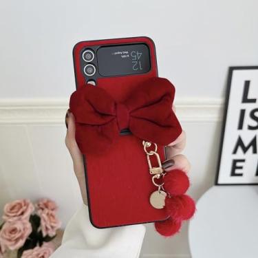 Imagem de Capa de celular de pelúcia com pingente de bola peluda e laço 3D para Samsung Galaxy Z Flip 6 5 4 3 5g Flip6 (Para Samsung Z Flip5/Vermelho)