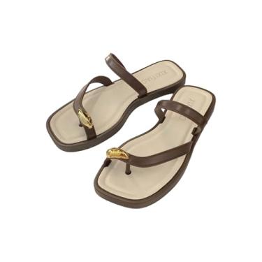 Imagem de OYOANGLE Sandália feminina de metal com anel de dedo do pé quadrado aberto para verão praia chinelos rasos, Marrom, 34