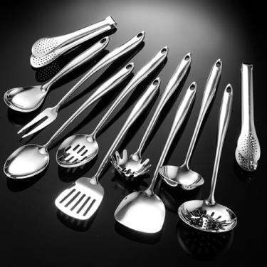 Imagem de NIITAWH Utensílio de cozinha de aço inoxidável 304, 11 peças para cozinhar, colher sólida, escumadeira, garfo, espátula, concha, colher de escumadeira, espátula com fenda, colher de espaguete, colher
