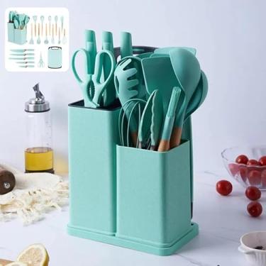 Imagem de Kit Utensílios de Cozinha 19 Peças em Silicone com Cabo de Madeira, Facas e Tábua – Resistente ao Calor 230°C(Verde)
