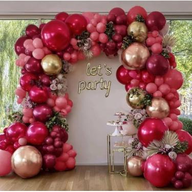 Imagem de Kit de guirlanda de balão vermelho escuro com arco de balão rosa dourado vinho para aniversário
