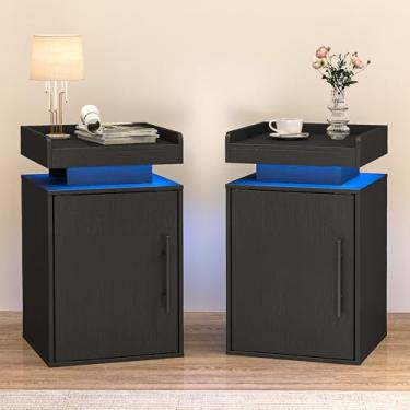 Imagem de Suuiwau Conjunto de 2 mesas-de-cabeceira de quarto com luz LED de 50 cm de altura com prateleiras ajustáveis, mesa de cabeceira de madeira com portas magnéticas, mesa de canto moderna para quarto