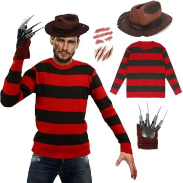 Imagem de GOBWCOT Fantasia de assassino de Halloween adulto verde e vermelho listrado, chapéu, luvas, filme de terror, pesadelo, diabo, cosplay