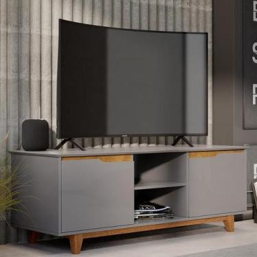 Imagem de Rack Bancada Flow 2 Portas Com Pés de Madeira Maciça - EJ Móveis, Cinz