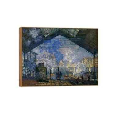 Imagem de BMZFYBS Claude Monet Famosas Impressões em tela de parede prontas para pendurar - Estação Saint-Lazare - Pintura em moldura de madeira para decoração de sala de estar 30 x 40 cm 12 x 16 pol