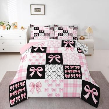 Imagem de Feelyou Conjunto de edredom com laço preto e rosa, solteiro, com laço de princesa, para crianças, meninos, meninas, edredom kawaii, decoração de quarto, microfibra, 2 peças com 1 fronha