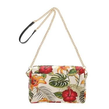 Imagem de Joitme Tropical Leaves Hibiscus Flowers Bolsas femininas bolsa tiracolo bolsa para celular linda bolsa de ombro de couro PU alça de corrente