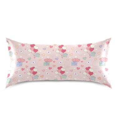 Imagem de Wassud Fronhas de cetim para o dia dos namorados com balões de coração para cabelo e pele fronhas de seda lisa King Size respiráveis com fecho de envelope